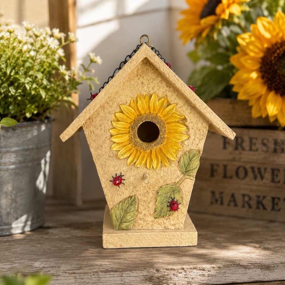 VTG Hand Painted Sunflower Ladybug Resin Birdhouse Hanging Cottage Garden Decor